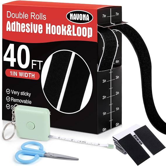 Navona 40Ft x 1 Inch Heavy Duty Hook and Loop Strips with Adhesive, Black | Extra-Strong Hold, Measuring Scale Liner, Bonus Scissors, Durable Nylon Hook & Loop Tape, Ideal for Home, Office & DIY