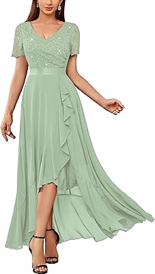 Miusol Womens V-Neck Elegant Sequin Lace Ruched Short Sleeve Ruffle Party Dress