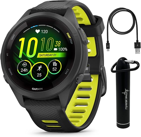 Garmin Forerunner 265S Music GPS Running 42 mm Smartwatch, Black with AMOLED 1.1in Touchscreen Display E-Bank Bundle, Black +E-bank