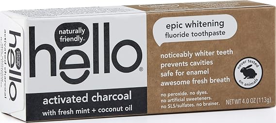 Hello Oral Care Activated Charcoal Fluoride Whitening Toothpaste, Vegan & SLS Free, 4 Ounce (Pack of 1)