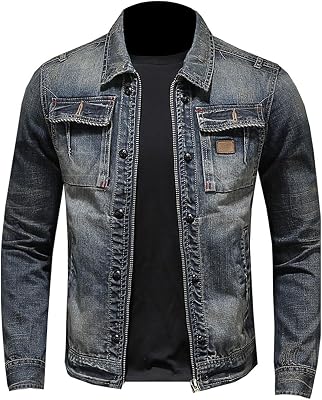 Mens Denim Jacket Fashion Punk Style Hipster Streetwear Coat Zip Pocket Stand Collar Plus Size Cargo Outwear Tops