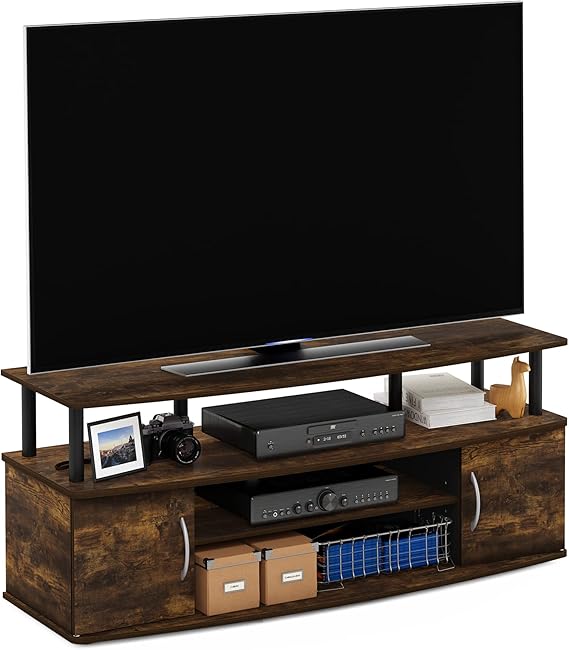 Furinno Jaya Entertainment Center Stand Unit/TV Desk for up to 55 inch, Amber Pine/Black | with Open Shelf, TV Console, for TV up to 55 Inch, 2 Doors and Cable Management Holes, for Living Room, Bedroom