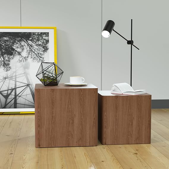 Nesting Coffee Table Set of 2, Modern Nesting Coffee and End Table Set Square Wood Small Side Table Set for Living Room Office, No Need Assembly,Walnut