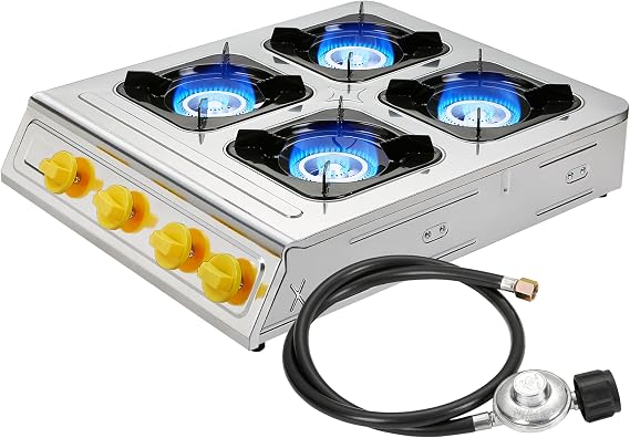 Vivicreate 4 Burner Propane Gas Stove 40000 BTU Stainless Steel Cooktop with Enamel Pan Support Electronic Ignition for Camping Outdoor Cooking BBQ Fogon de Estufa de Gas Portatil