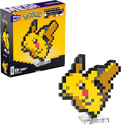Mega Pokemon Pikachu Construction Set, Articulated Figure, Retro Pixelated Style, 15 cm, Wall or Table Decoration, 400 Pieces, Collectable, Childrens Toy, Age 7 Years, HTH74