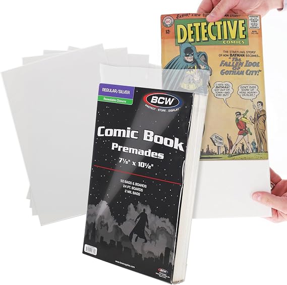 Premium Silver Age Comic Premade Resealable Bags with Backer Boards | 7 18" x 10 12" | Pre-Loaded & Archival Comic Sleeves and Boards | Crystal Clear Storage for Collectors (50 Pack)