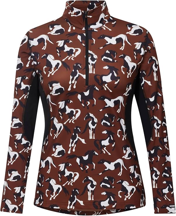 Kerrits Women's On Course Quarter Zip Fleece Equestrian Tech Top Long Sleeve, Light Stretch Winter Shirt, Horse Print