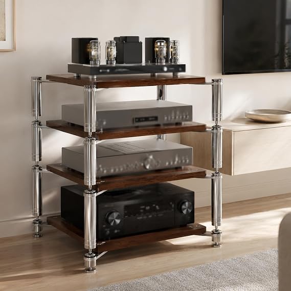 4-Tier AV Media Stand, Heavy Duty Audio Rack with Shock-Absorbing Foot pegs, Open Design av Stand, Multi-Layer Stereo Equipment Rack for Home, Office, Theater (Walnut, 4-Tiers)