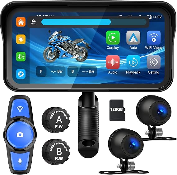 6.25" Motorcycle Carplay (Includes 128G SD) with Dash Cam, TMPS, Wireless Android Auto, HD Touch Screen, IP67 Waterproof Carplay for Motorcycle, Support Siri,Google Asistant, Remote Control