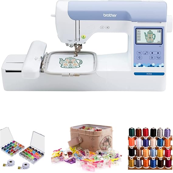 Brother PE900 5x7 Wireless Embroidery Machine with Sewing Bundle (4 Items) | 193 Built-in Designs, 13 Fonts, 3.7 Touchscreen, Up to 650 Spm, Includes Spool and Bobbin Sewing Kit