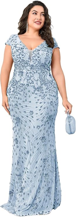 Plus Size Womens Sequined Long Evening Gown Glamous Sleeveless V-Neck Mermaid Prom Dress for Wedding Party