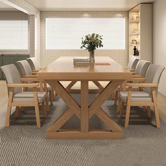 Modern Wooden Dining Table Set with Chairs, Solid Wood Dining Room Table Set for 4 or 6, Kitchen Table and Chairs Set for Dining Room or Home, R Natural Wood 55.1-inch long dining table + 6 armchairs