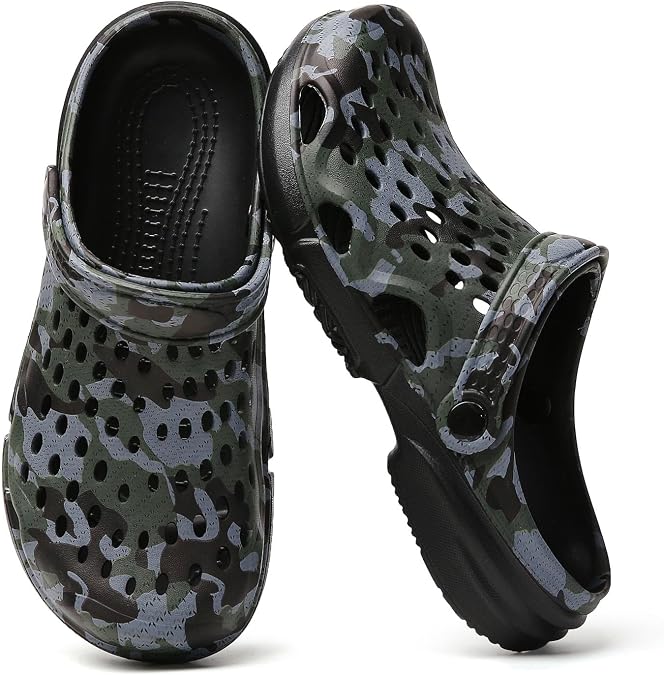ELIOGN Men's Camouflage Garden Clogs Breathable Slip-On Water Shoes - Lightweight EVA Mules with Back Strap, Non-Slip Beach Sandals for Men, Outdoor Yard Work & Shower