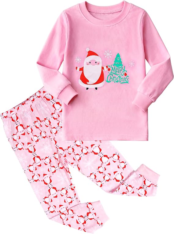 HYCLES Christmas Pajamas for Kids Girls Holiday Long Sleeve Sleepwear Santa Cotton Pajamas Sets for 2-12T Boys/Toddler Pjs