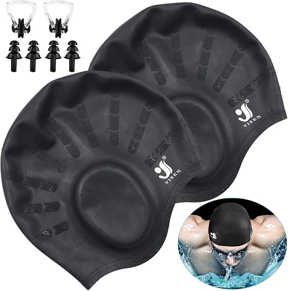 Unisex Swim Caps Ear Protection,2 Pack Silicone Swimming Caps for Short/Long Hair with Ear Plugs&Nose Clip,Waterproof Flexible Swimming Hat for Women Men Adults Kids,Easy to Put On and Off,Black+Black