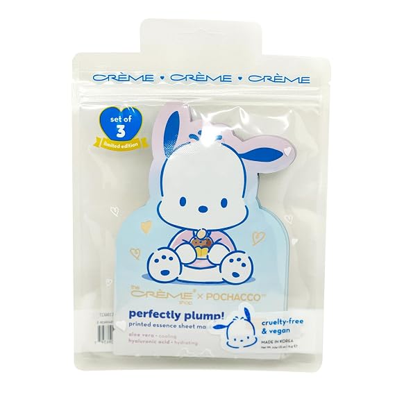 The Creme Shop x Pochacco Perfectly Plump Printed Essence Sheet Mask, Hydrating Face Mask, K Beauty Facial Mask, Hyaluronic Aqcid & Aloe Vera (3pk)