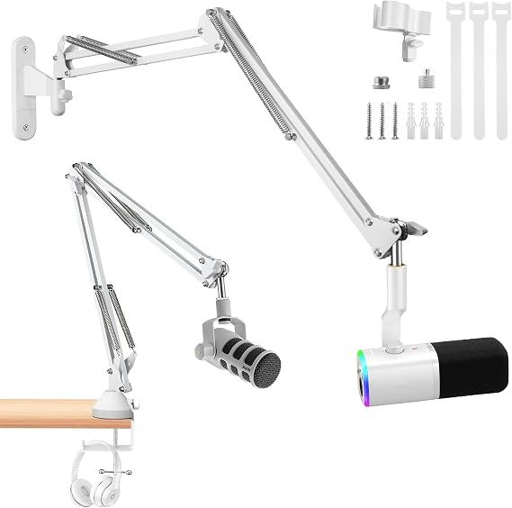 White Mic Wall Mount and Microphone Boom Arm Desktop Clamp Stand compatible with Shure FIFINE Blue Yeti,Razer,HyperX Mic Kit for Broadcasting, Podcasts,Streaming and Gaming