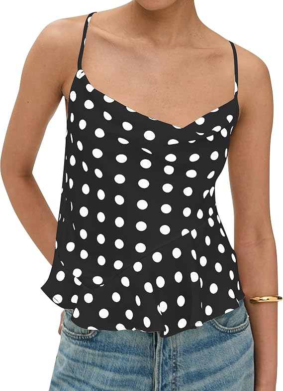 TERIVEEK Womens Polka Dot Cowl Neck Ruffle Flowy Tank Tops | Sleeveless Blouse, Asymmetrical Hem, Self Tie Back, Spaghetti strap, Going Out Tank Tops, Summer Beach Vacation Outfits