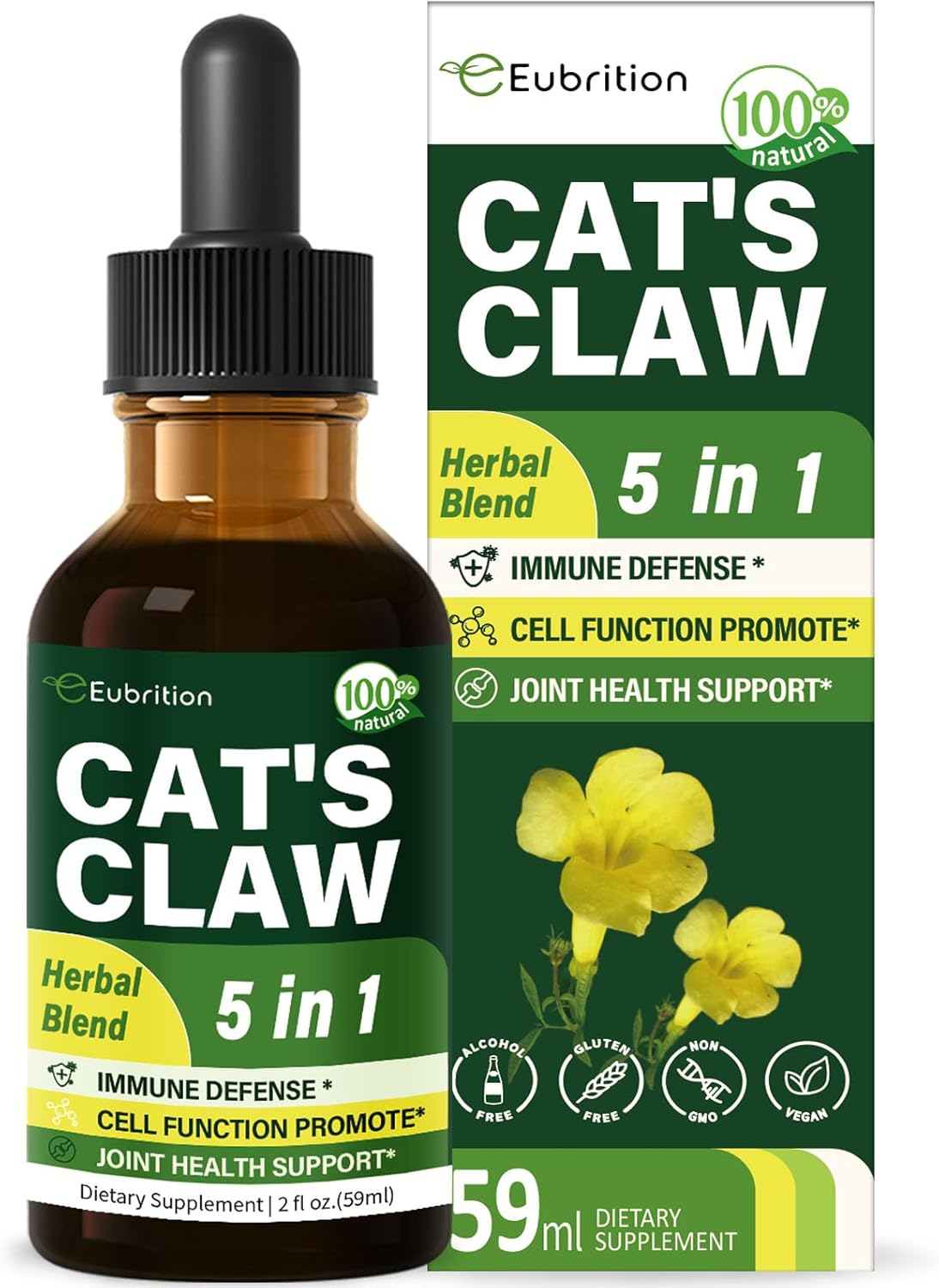 Cats Claw herb Uña de Gato Immune Support Liquid Drops, 5-in-1 Herbal Supplement with Echinacea & Elderberry Extract, Alcohol Free Tincture for Immunity Boost, Joint & Bone Health. 2 oz