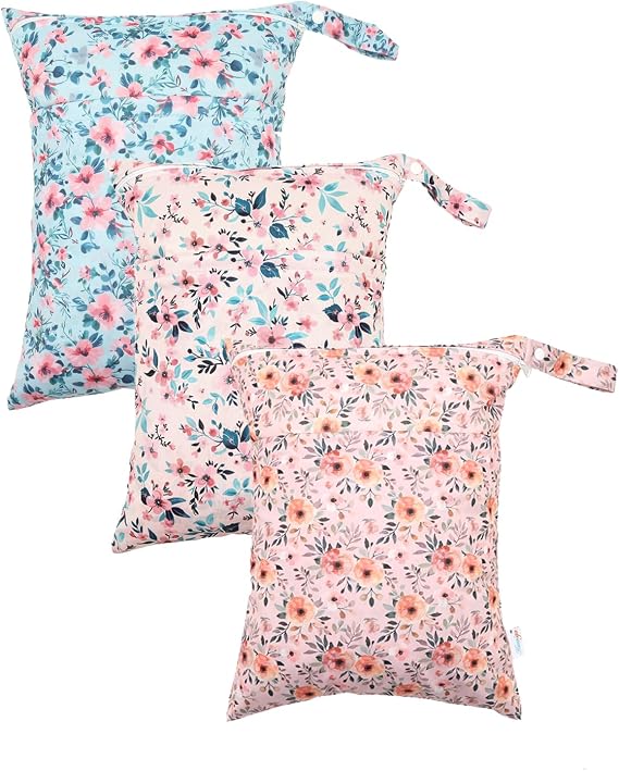 Wet Dry Bags Two Zipper Pockets Travel Beach Pool Reusable Waterproof Yoga Gym Bag for Baby Cloth Diaper Swimsuits Wet Clothes 3 Pack Flowers