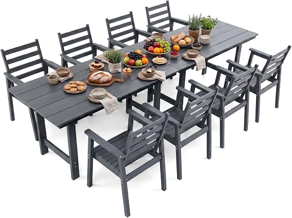 10 Piece HDPE Outdoor Dining Set for 8, Patio Dining Furniture Set with 2 Umbrella Hole, Weather Resistant Outdoor Table and Chairs for Garden, Poolside, Backyard, Deck