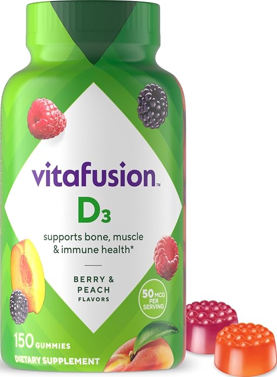 Vitafusion Vitamin D3 Gummies | 50 mcg | 150 Gummy Vitamins | for Adult Women and Men | Berry & Peach Flavor | Gluten-Free Bone and Immune Supplement