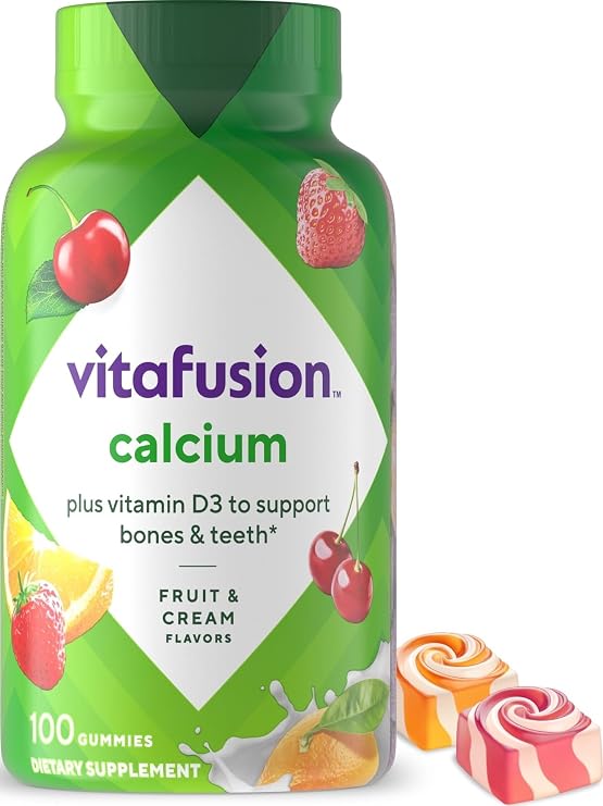 Vitafusion Calcium Gummies | 500 mg | 100 Adult Gummy Vitamins | for Women and Men | with Vitamin D3 | Fruit & Cream Flavors | Gluten and Dairy Free Bone and Teeth Supplement