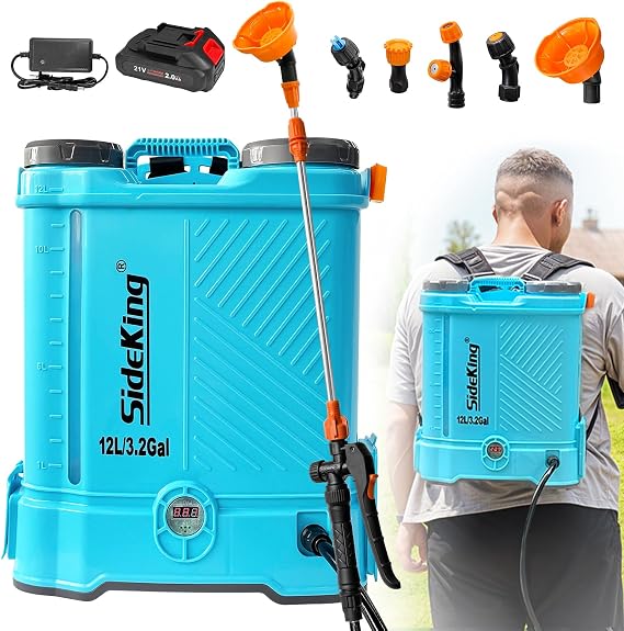 SideKing Battery Powered Backpack Sprayer 3.2 Gallon, 0-80 PSI Adjustable Pressure Sprayer Compatible with Makita 18V Battery, Electric Sprayer with Wand, 5 Nozzles, 2.0Ah Battery&Charger Included