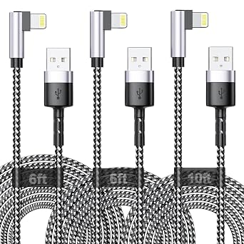 3Pack Right Angle Long iPhone Charge Cable, 90 Degree Apple USB A to Lightning Cable 6FT/2M*2+10FT/3M,Nylon Braided Sync Data Charger Cable, Fast Charge Cord for iPhone 14 13 12 11 Pro Max Xr 8 7 Plus