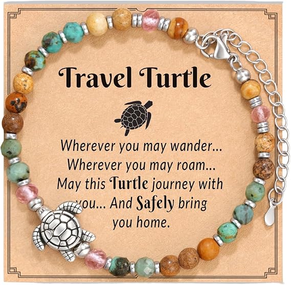 Travel Turtle Crystal Bracelet, Travel Themed Women's Bracelet with Natural Stone Beads & Adjustable String, Bead Bracelet for Women, Travelers, Safe Journey Gifts Idea