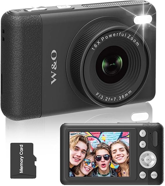 W & O Digital Camera,Kids Camera FHD 1080P,Point and Shoot Digital Cameras for Kids, with 2.8" LCD Screen,16X Zoom,Built-in Game & SD Card, for Boys Girls (Black)
