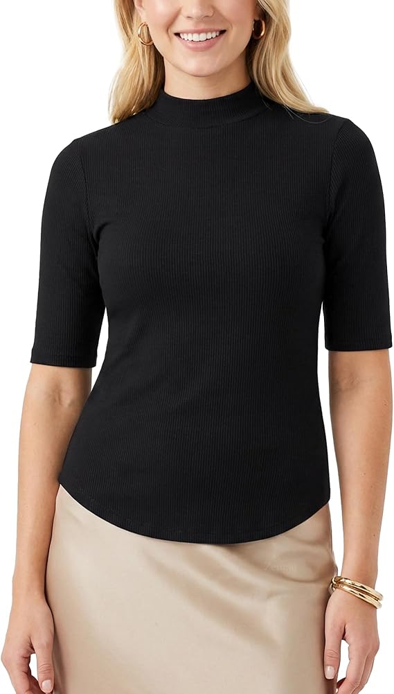 Zengjo Womens Mock Turtleneck Elbow Sleeve Tops - Fitted Stretch Ribbed Shirt for Work & Casual Wear