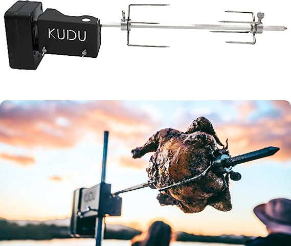KUDU Rotisserie Kit - Stainless Steel Battery Powered Square Spit for Charcoal Grill 5/16 Inch Square Drive Spit