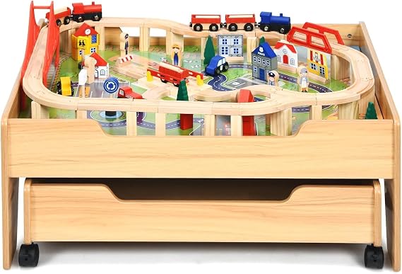 Train Table, 2 in 1 Kids Activity Table w/Storage Drawer, 100 Multicolor Pieces, Railway, Track, Cars, City, DIY Design, Reversible Tabletop, Gift for Boys Girls, Wooden Train Set