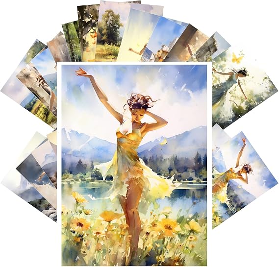 PIXILUV Vintage Postcards (24pcs 4"x6") Dance of Elegance: A Serene Symphony - Collection of Watercolor Postcards Set Featuring Graceful Dancing Girls Amidst Pastoral and Antique Settings
