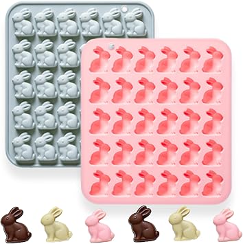 2 Pack Bunny Silicone Molds, 30-Cavity Mini Rabbit Chocolate Molds Shape Tray for Cake, Pudding, Gummy, Jello, Ice Cube, Biscuits and Cake Decorating, DIY Crafts