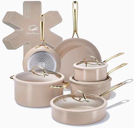 Chef Power Ceramic Cookware Sets, 15Pcs Pots and Pans Set Non Stick, Cookware Set with Stainless Steel Handle, Dishwasher & Oven Safe, Taupe and Light Gold Handle