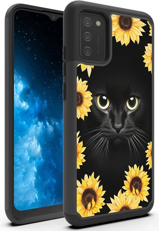 Galaxy A02S Case,for Samsung A02S Case, Heavy Duty Dual Layer Hybrid Hard PC Soft TPU Full-Body Rugged Shockproof Protective Phone Cover for Samsung Galaxy A02S 6.5 inch,Sunflower and Black Cat