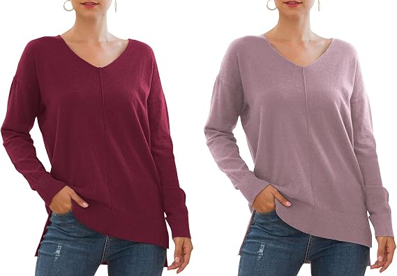 Jouica Womens Off Shoulder V Neck Sweater Long Sleeve Pullover Knit Tunic Tops,XX-Large