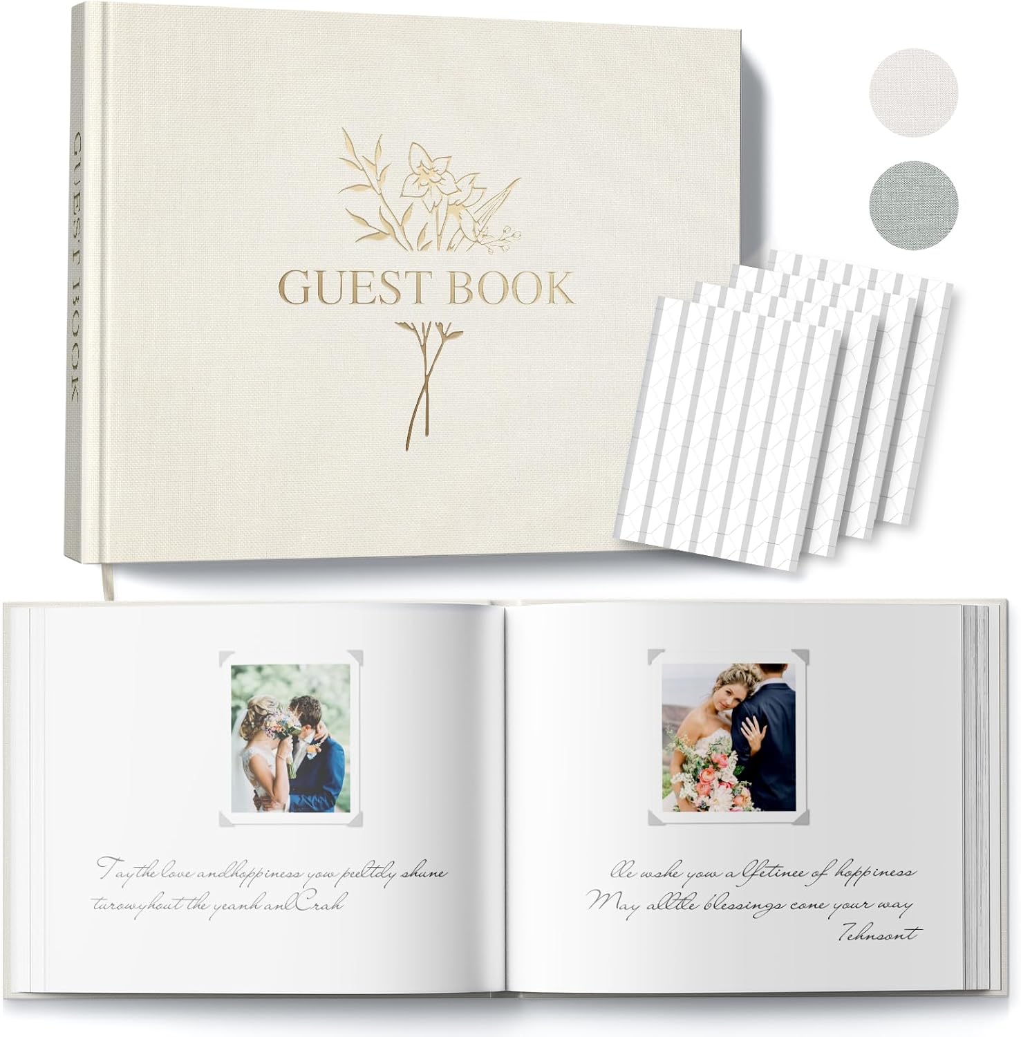 Wedding Guest Book with 216 Photo Corners Stickers, Linen Guestbook to Sign at Bridal Shower or Wedding Reception Party,100 Pages, Blank Thick Paper Books for Baby Shower Memorial Service- Beige