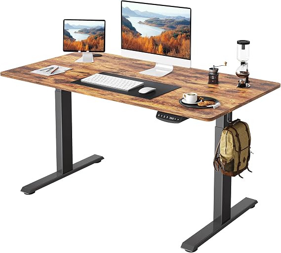 FEZIBO One-Piece Standing Desk Adjustable Height Stand up Home Office Desk, 48x24 Inch Electric Standing Computer Desk, with 4 Memory Presets, Headphone Hook, Rustic Brown