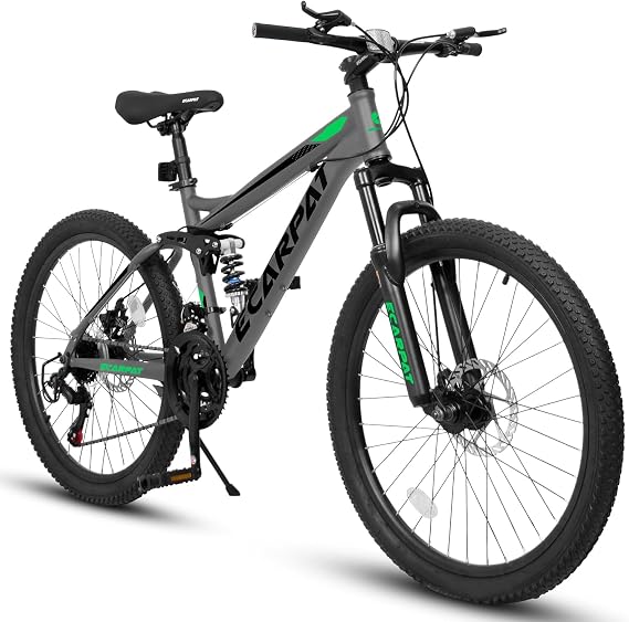 26 inch Mountain Bike Full Suspension, 21-Speed Steel Frame Adult Bike, Mechanical Disc Brakes Mens Mountain Bike, Outdoor Cycling, Commuting to School or Work City Bikes