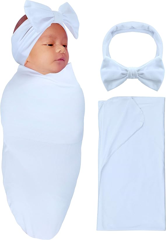 RATIVE Stretchy Swaddle Blanket Receiving Blankets with Headband Cap for Unisex Newborn Baby 0-3 Months Boys Girls