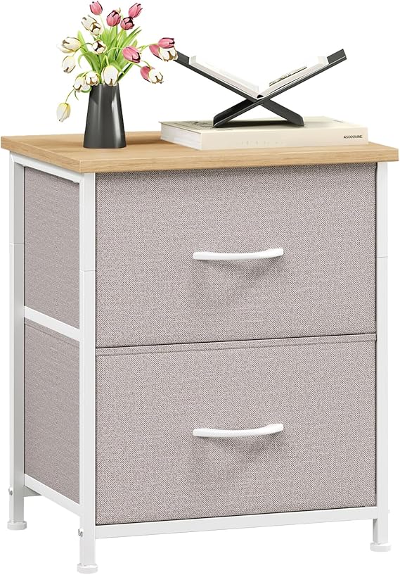 Somdot Bedside Table, Bedroom Bedside Cabinet with 2 Fabric Drawers, Nightstand Side Table for Kids Living Room Dorm, Ash Grey