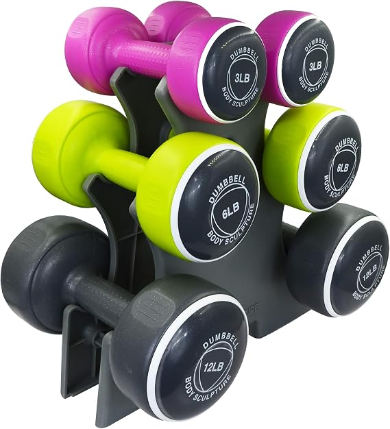 Body Sculpture Weights Set Free-Weight Dumbbell Set with Rack Set includes 3, 6 and 12 lb Weights ideal for men and women for small and large muscle groups
