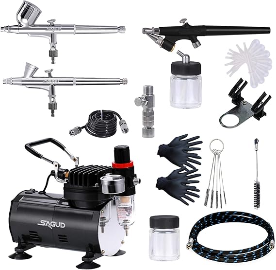 Airbrush Kit with Compressor, Include 3 Air Brushes 0.2mm 0.3mm 0.8mm and 240V Quiet Compressor Set Air Brush Accessories Cleaning Kit