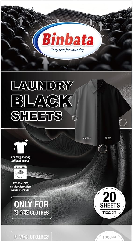 Binbata Eco Black Darkening Sheets, Renew & Repair for Black Faded Out Clothes, Biodegradable Fabric Dye Sheets, Residue-Free & Plastic Free, 20PCS