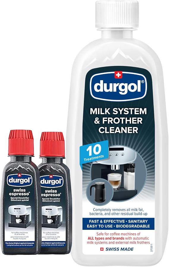 Durgol Swiss Espresso, Descaler and Decalcifier, 4.2 Fluid Ounces (Pack of 2) Milk System and Frother Cleaner for All Brands of Coffee Makers, External Milk Frothers, 16.9 Ounce, White