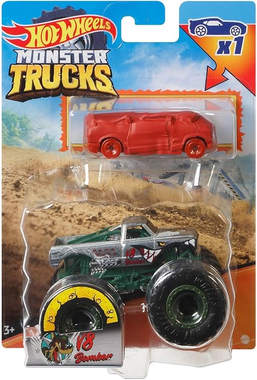 Hot Wheels Monster Trucks 1:64 Scale V8 Bomber, Includes New Crushed Car