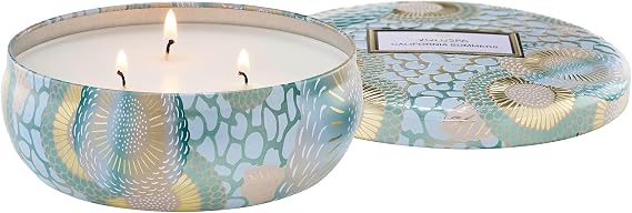 Voluspa California Summers 3 Wick Scented Candle Tin, 12 Oz, 40 Hr Burn | Coconut Wax Blend in Decorative Glass, Clean Even Burn, USA Handcrafted Gift for Hosts, Fragrance Lovers & Relaxed Rooms